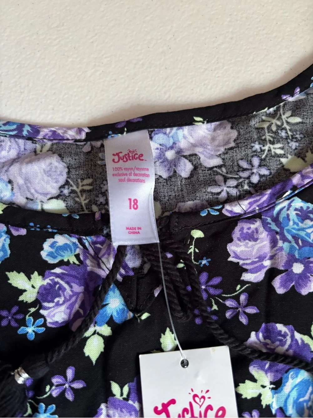 Justice Black Dress with Purple & Blue Floral Print